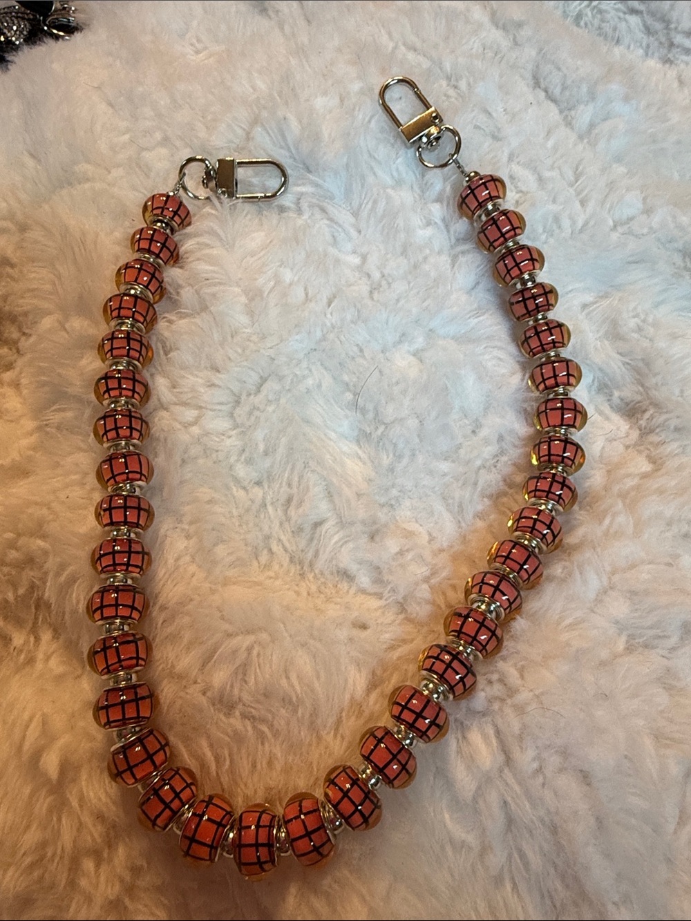 Stylish Pink Beaded Bag Chain with Silver Accents
